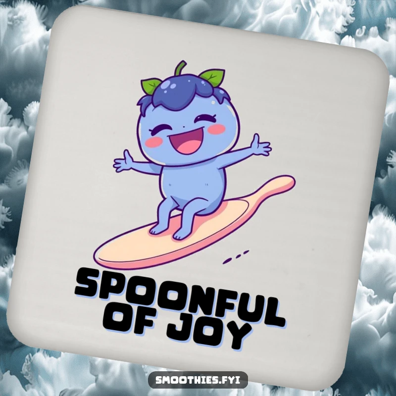 Funny blueberry laughing on a giant spoon surfboard on drink coasters, offering humorous protection for tables.