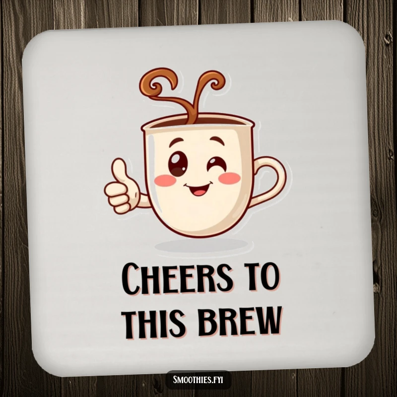 Funny coaster with a steaming coffee cup character giving a thumbs up, designed to protect surfaces with a dose of caffeine-fueled approval.
