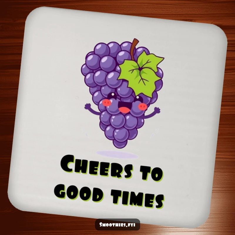 Funny drink coasters featuring a joyful grape cluster bouncing with little motion swirls, adding a humorous fruity touch to any setting.