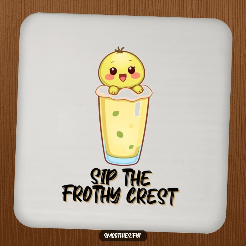 Funny kiwi character riding a frothy smoothie, designed on a protective and humorous drink coaster.