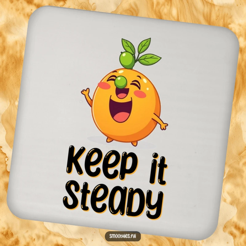 Funny drink coasters with an excited orange character balancing a lime on its nose, perfect for protecting surfaces.