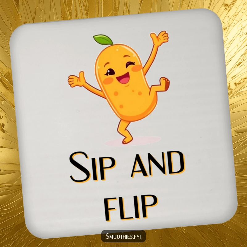 Funny drink coaster with a cheerful anthropomorphic orange smoothie doing cartwheels with a wink, adding a dynamic and fun touch.