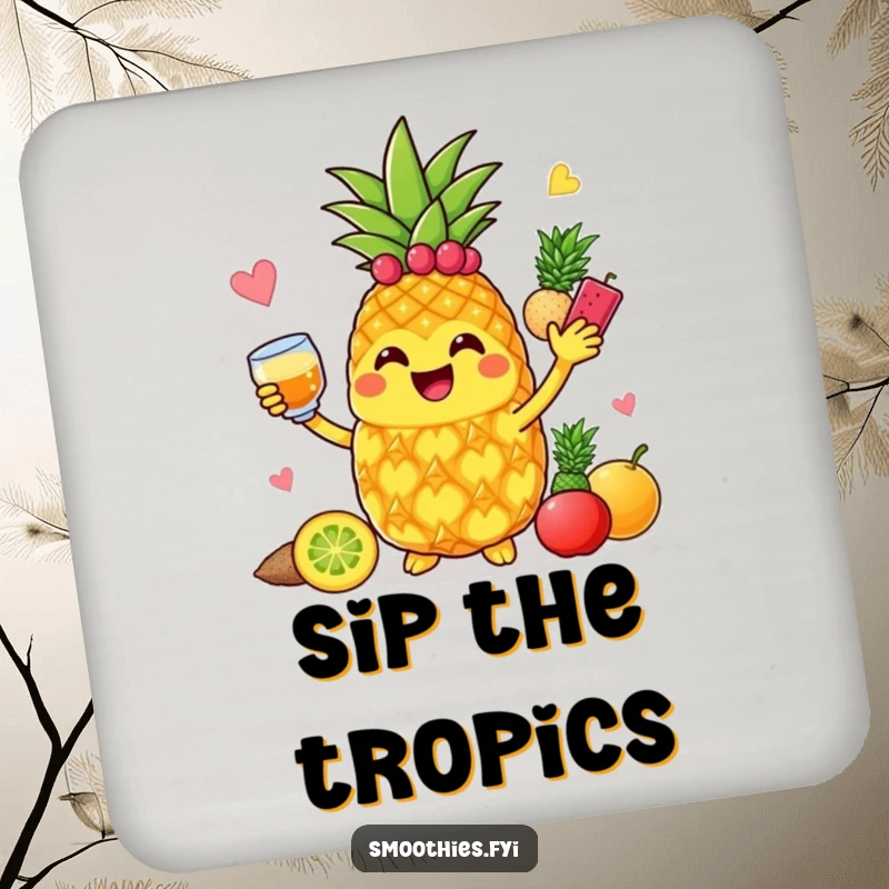Funny jolly pineapple character blending colorful fruits with a smile, on a drink coaster.