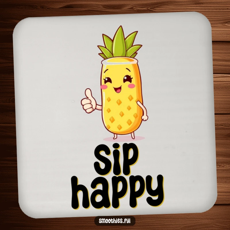 Funny drink coaster with a joyful pineapple smoothie character giving a thumbs up, perfect for adding tropical flair to tables.