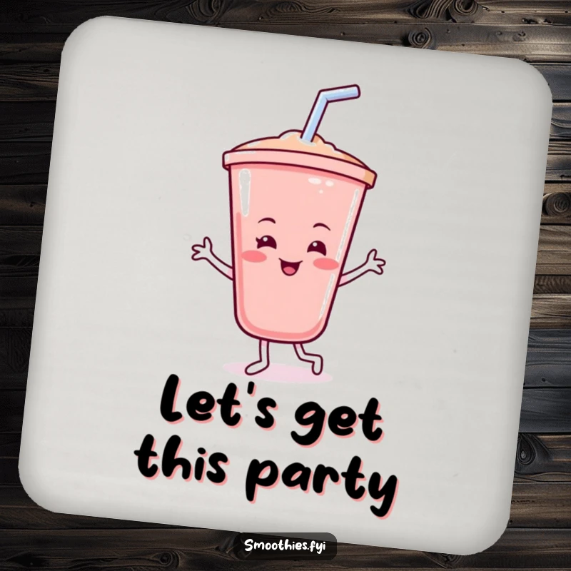 Funny smoothie drink coaster with a cheerful smoothie cup smiling and dancing with its straw, adding a touch of blended fun.