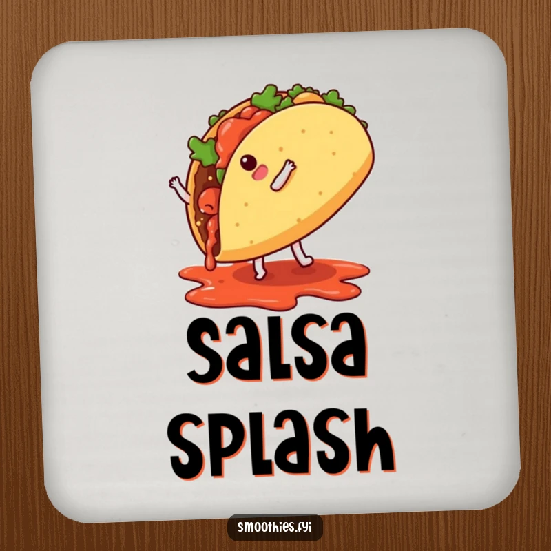 A dynamic taco character doing a cartwheel with salsa dripping, a humorous and protective drink coaster.
