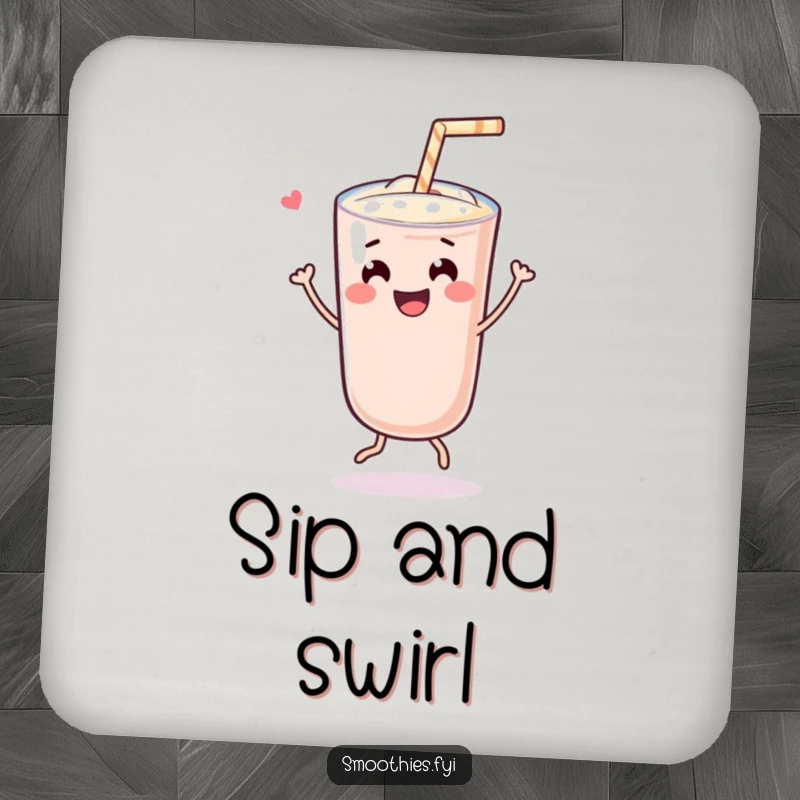 Funny cheerful Kawaii smoothie character doing a joyful dance with a straw, serving as a humorous and protective drink coaster.