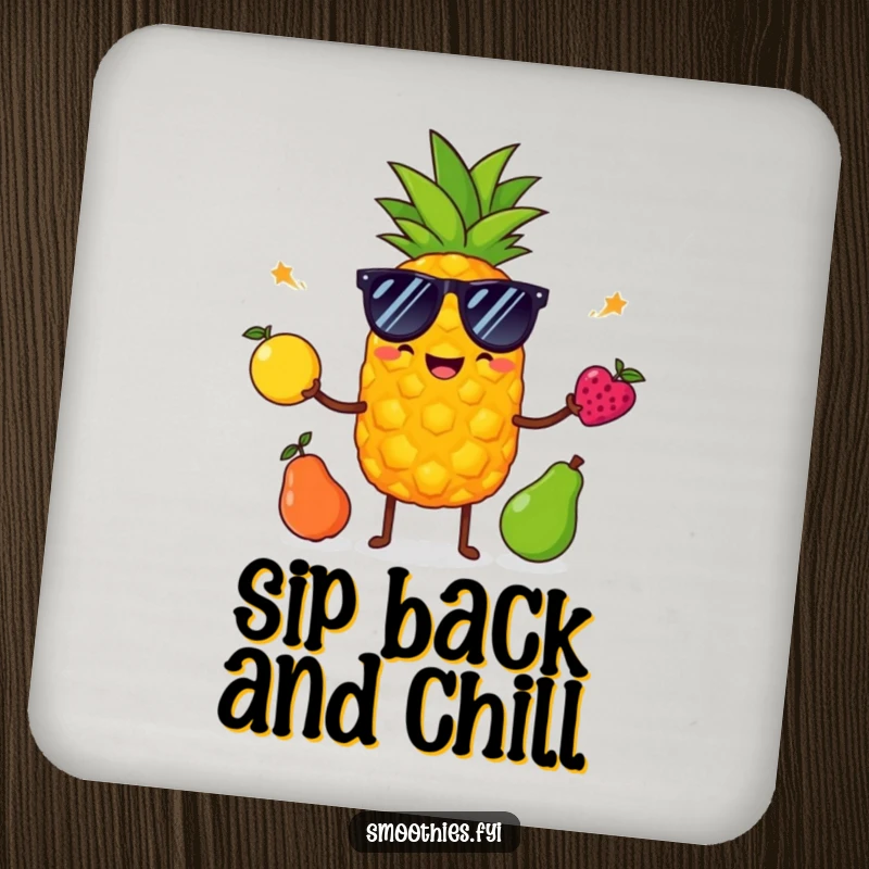 Funny pineapple wearing sunglasses juggles fruit on drink coasters, offering humorous protection for tables.
