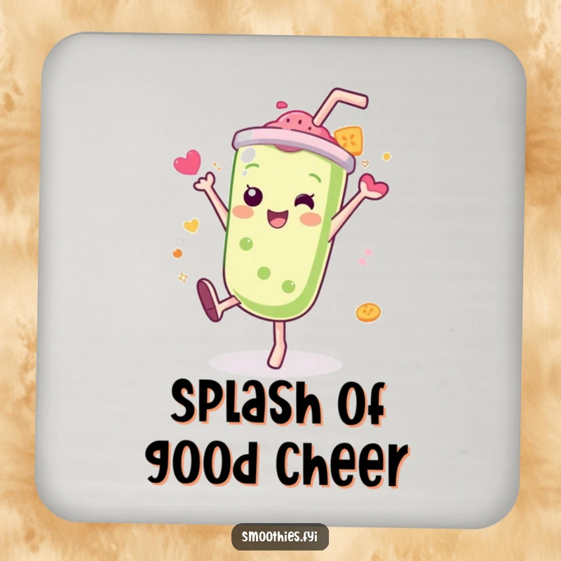 Funny Kawaii smoothie coaster, character doing a cartwheel with a splash of flavor, protecting surfaces with energy.