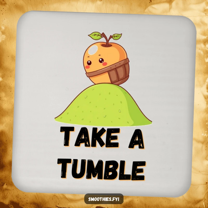 Funny kawaii apple coaster showing an apple rolling down a hill in a miniature barrel, perfect for surface protection.