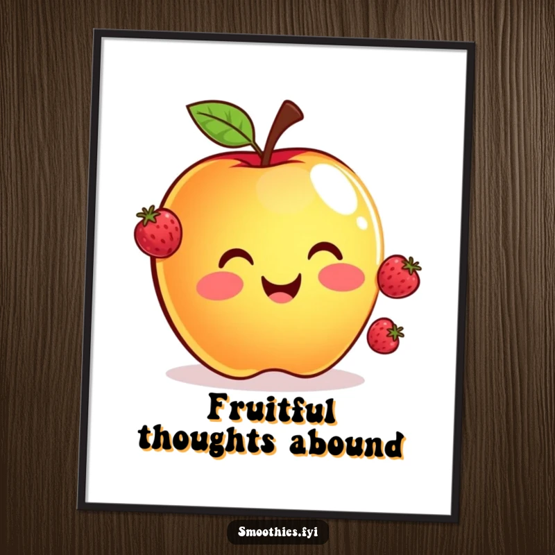 Funny poster featuring a smiling apple masterfully juggling three tiny floating berries, ideal for a kitchen or playful room decor.