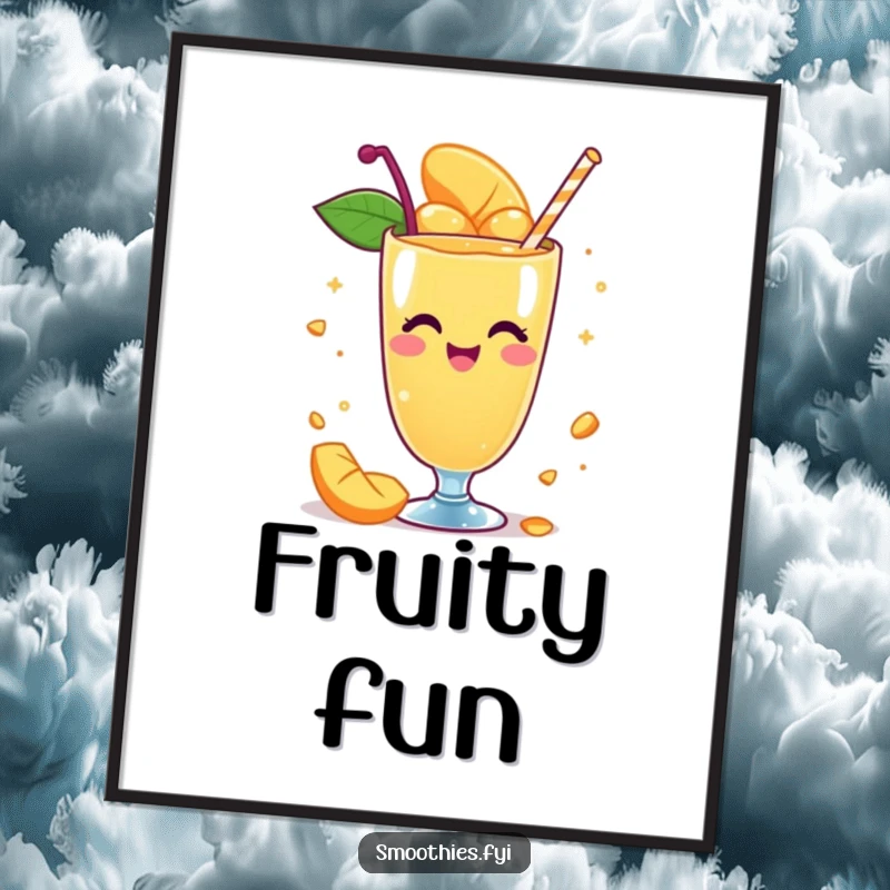 Funny poster art of a whimsical mango smoothie character spinning with delight, perfect for adding a touch of playful energy to decor.
