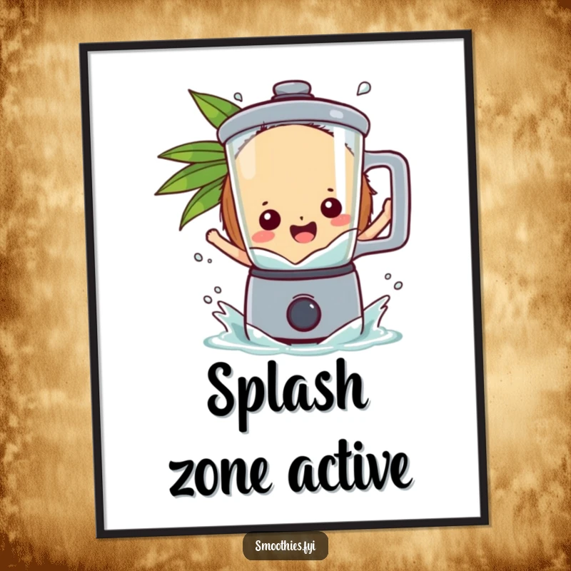Funny playful coconut character gleefully splashing into a blender, capturing energetic fun on this poster.
