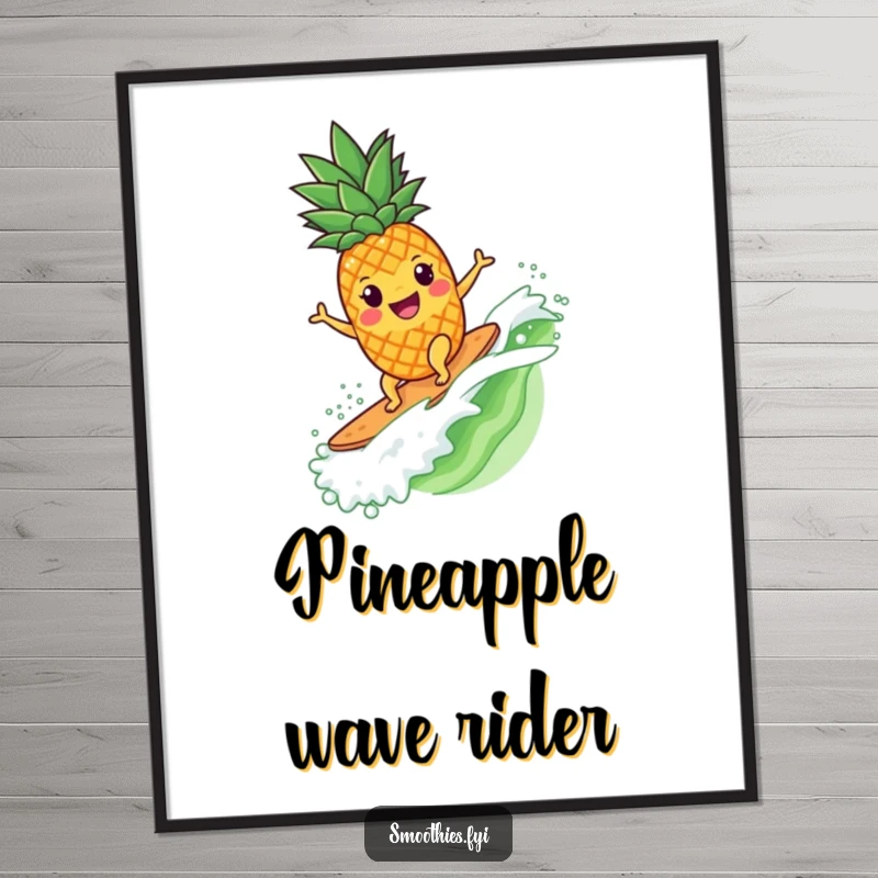 Funny pineapple character surfing a smoothie wave, a vibrant and humorous piece of tropical wall art.