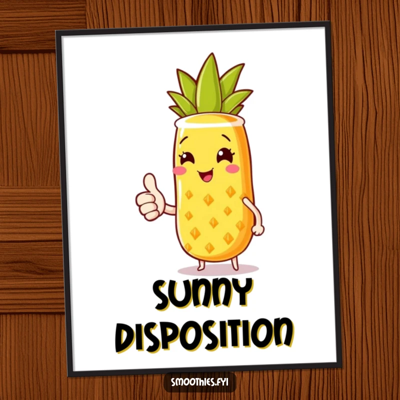 Funny poster art of a joyful pineapple smoothie character with a sunny smile and thumbs up, perfect for tropical-themed decor.