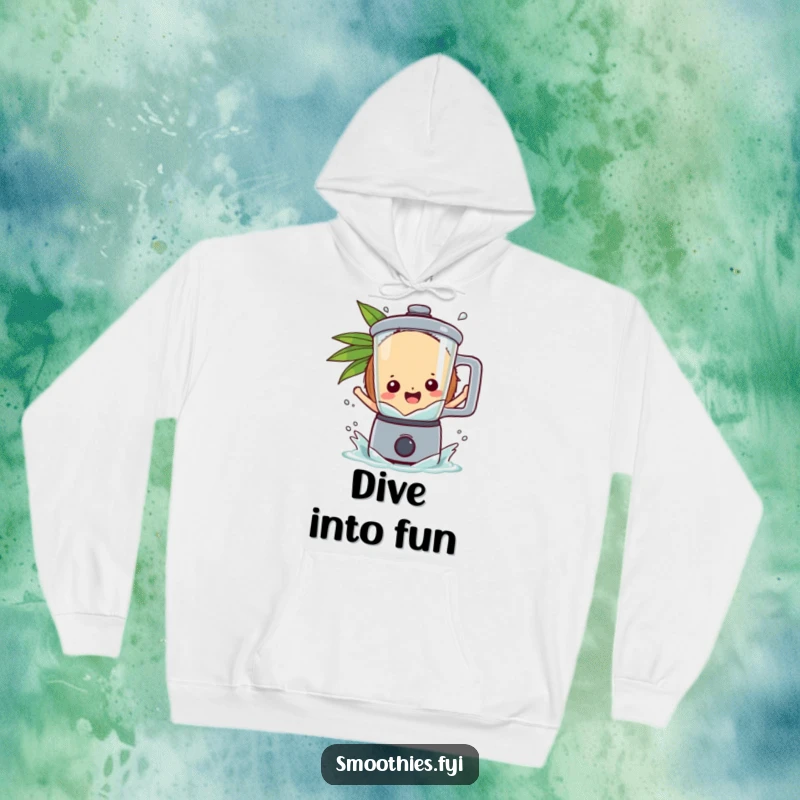 Funny coconut character splashing gleefully into a blender, bringing cozy and tropical fun to this hoodie.