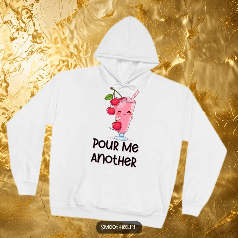 Funny shy cherry character blushing while pouring into a glass, bringing cozy and sweet vibes to this hoodie.