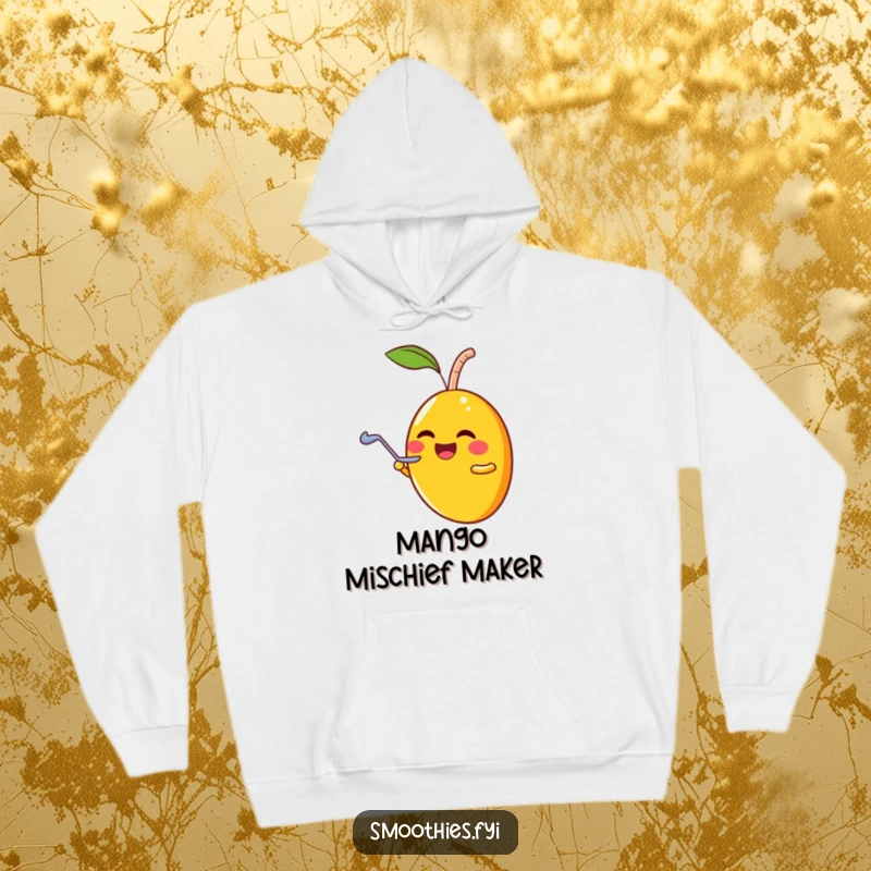 Funny laughing mango character sharing a smoothie with a tiny spoon, featured on a soft hoodie.