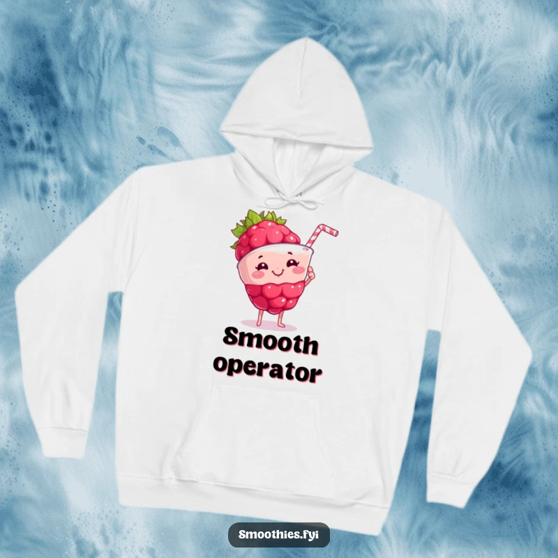 Funny proud raspberry grins holding a frothy smoothie on a cozy hoodie, offering comfort and celebrating healthy creations.