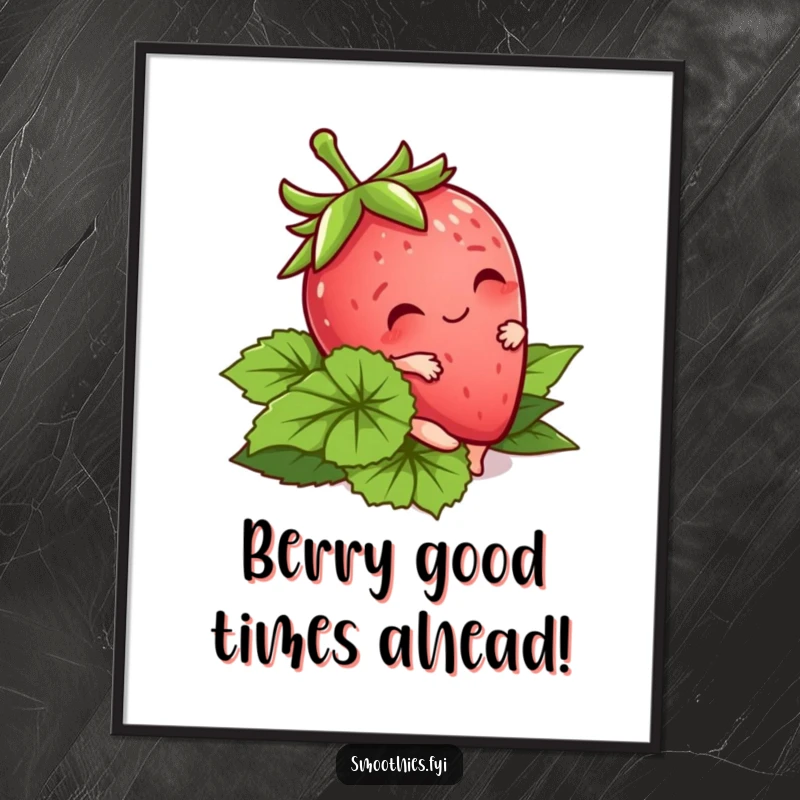 Funny Free Printable Wall Art of a kawaii strawberry character comically tripping on its own leaves, with a sweet, apologetic expression.