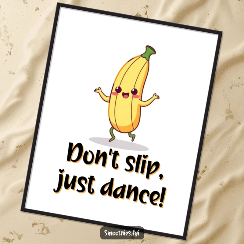 Funny Free Printable Wall Art of a kawaii banana peel character doing a ridiculous dance with extremely wobbly legs, full of joy.