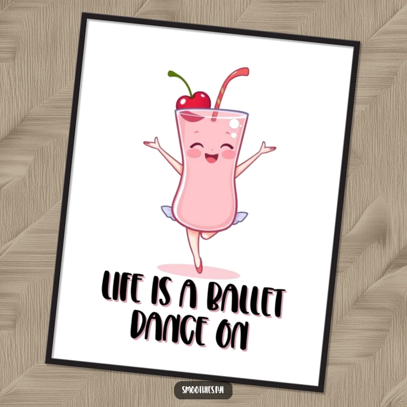 Funny Free Printable Cherry Smoothie Wall Art: A delighted, graceful smoothie striking a ballet pose, perfect for decor.