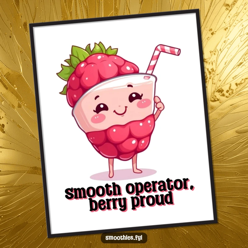 Funny Free Printable Wall Art of a proud raspberry holding a frothy smoothie with a satisfied grin, bringing joy.