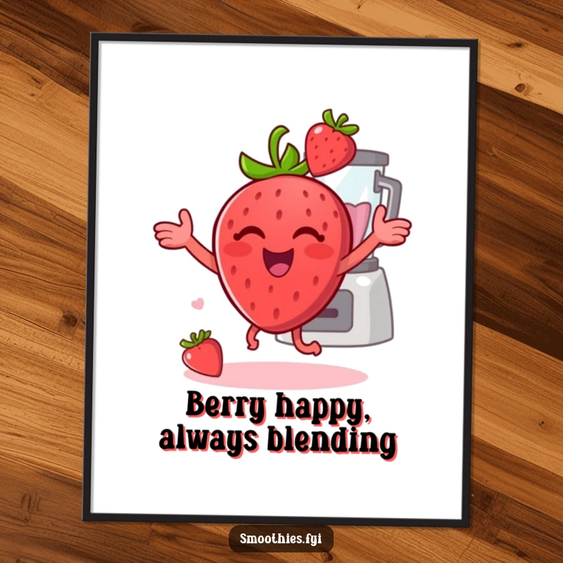 Funny Free Printable Wall Art of a jubilant strawberry dancing with a blender, adding a pop of color and humor.