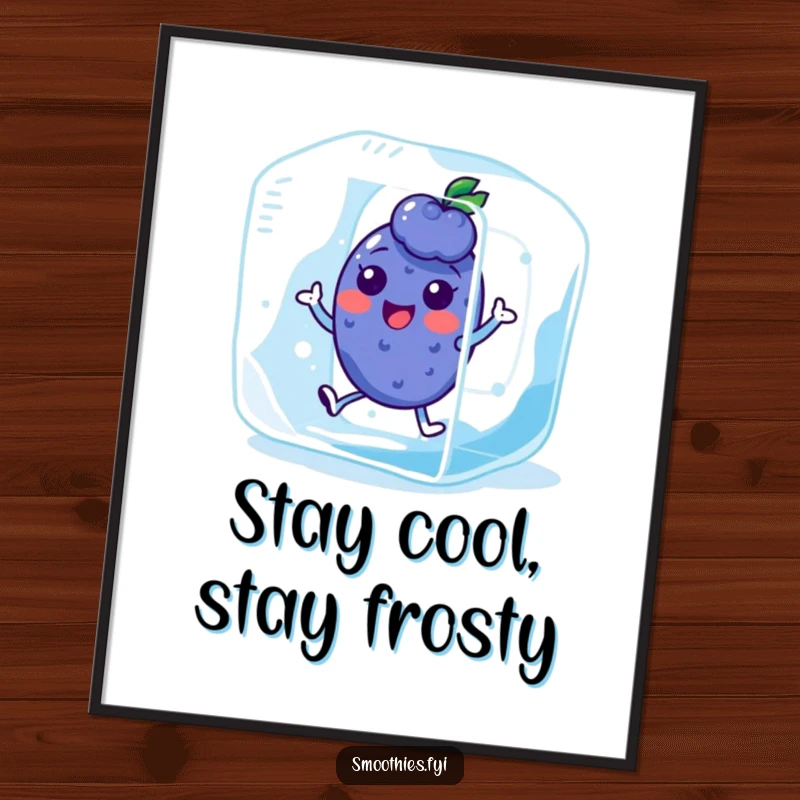 Funny Free Printable Wall Art depicting a cheerful kawaii blueberry character energetically hopping inside a large, glistening ice cube.