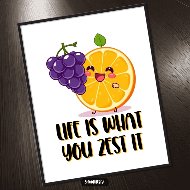 Funny Free Printable Wall Art depicting a smiling kawaii orange slice character masterfully juggling several tiny grapes with a look of pure joy.