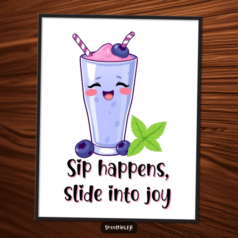 Funny Free Printable Wall Art: A giggling blueberry smoothie is depicted sliding merrily down a straw.