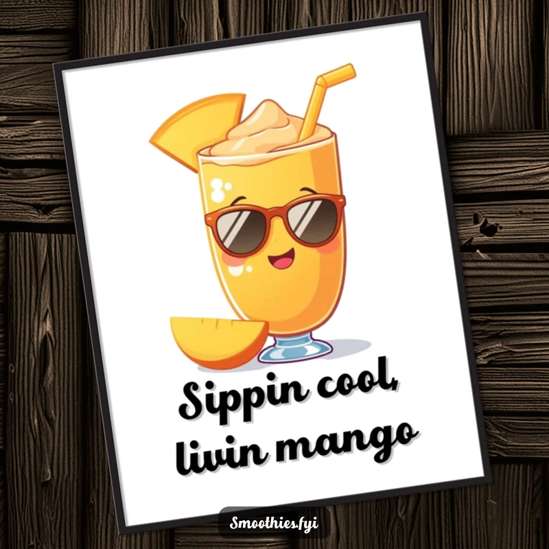 Funny Free Printable Wall Art: A mango smoothie confidently wears tiny sunglasses, exuding a cool and delighted personality.