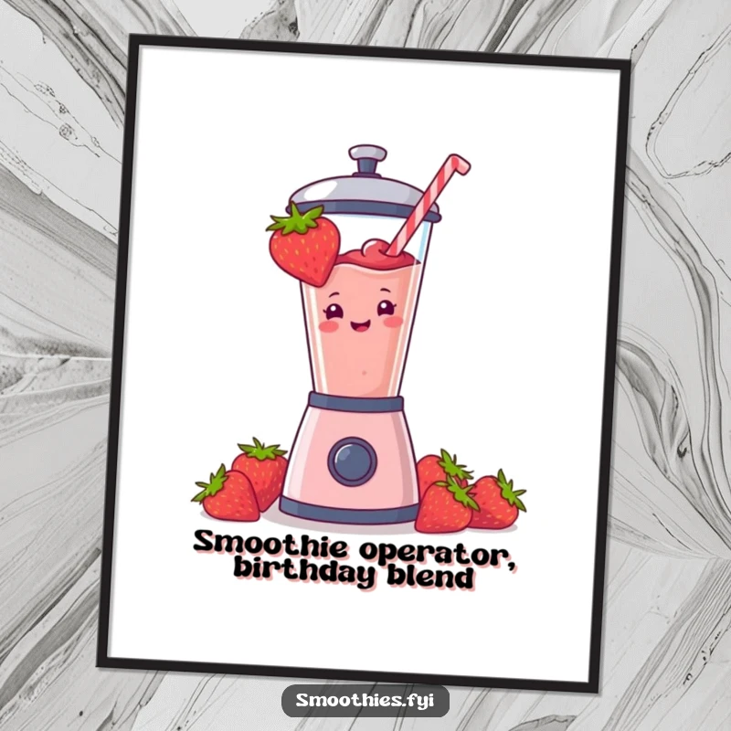 Funny Free Printable Wall Art: A vibrant strawberry smoothie comically jets out of a blender, creating a dynamic scene.