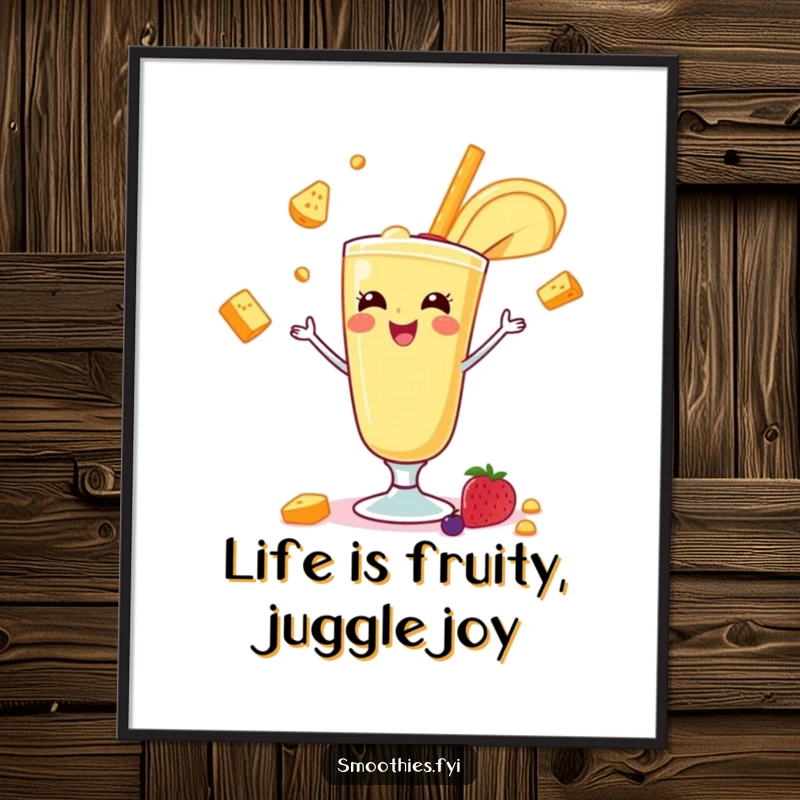Funny Free Printable Wall Art: A smiling banana smoothie is pictured juggling small, colorful fruits with glee.