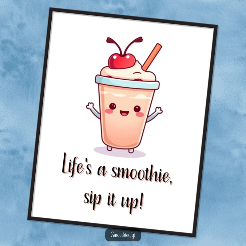 Funny Free Printable Wall Art of a kawaii smoothie cup with a cherry playfully bouncing on its lid, radiating happiness.