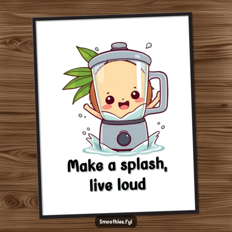 Funny Free Printable Wall Art: A playful coconut character joyfully splashes into a blender.