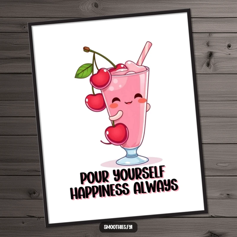 Funny Free Printable Wall Art: A shy cherry character blushing deeply while pouring itself into a smoothie glass.