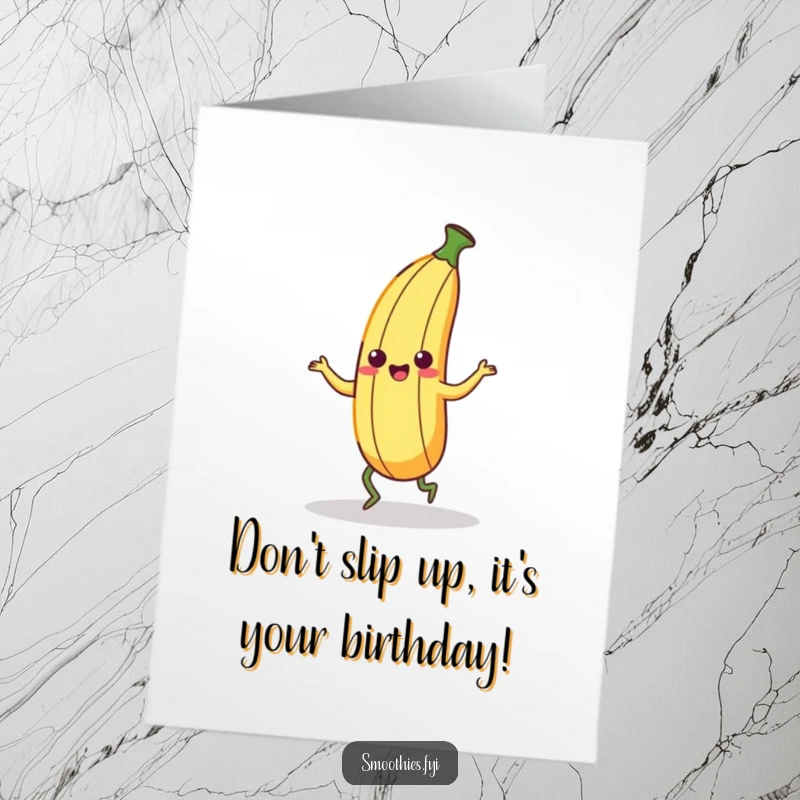 Funny Free Printable Birthday Card of a cheerful kawaii banana peel character doing a silly dance with comically wobbly legs, mid-shimmy.