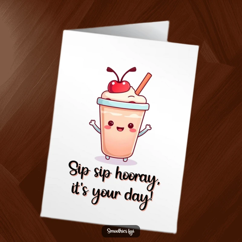 Funny Free Printable Birthday Card of a cute kawaii smoothie cup happily bouncing a small red cherry on its lid with a joyful expression.