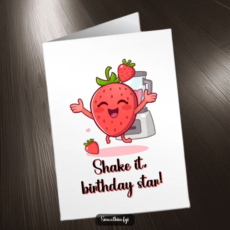 Funny Free Printable Birthday Card featuring a cheerful strawberry dancing with a blender, celebrating with fruity energy.