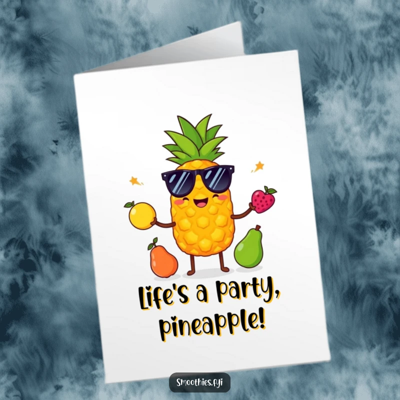 Funny Free Printable Birthday Card featuring a smiling pineapple in sunglasses juggling colorful fruits, perfect for a festive celebration.
