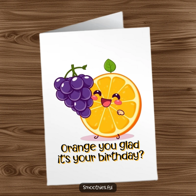 Funny Free Printable Birthday Card of a smiling kawaii orange slice character expertly juggling tiny grapes with a cheerful grin.