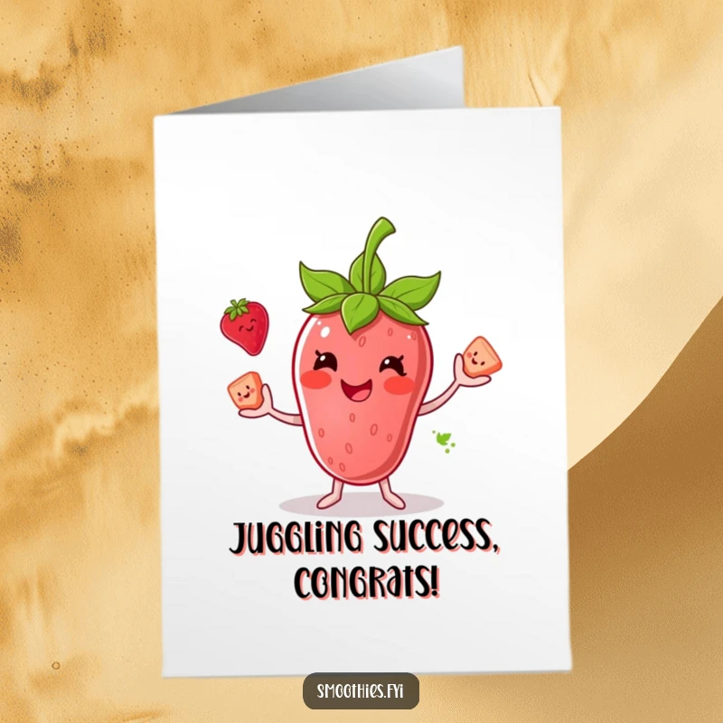 Funny Free Printable Congrats Card: Smiling anthropomorphic strawberry smoothie juggling three smaller fruit chunks, celebrating success.