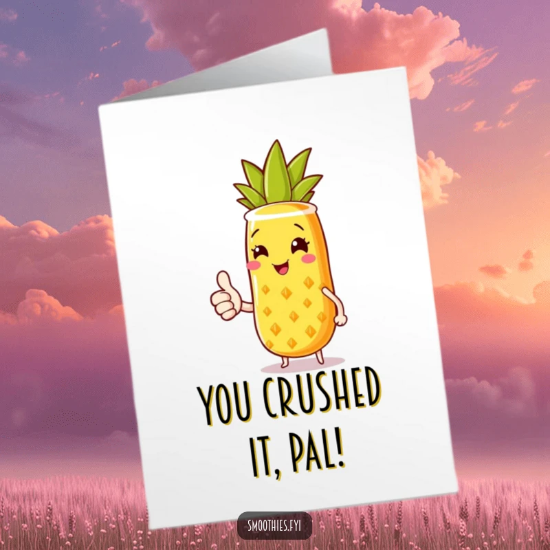 Funny Free Printable Congratulations Card: A pineapple smoothie offers a thumbs up with a sunny smile for congratulations.