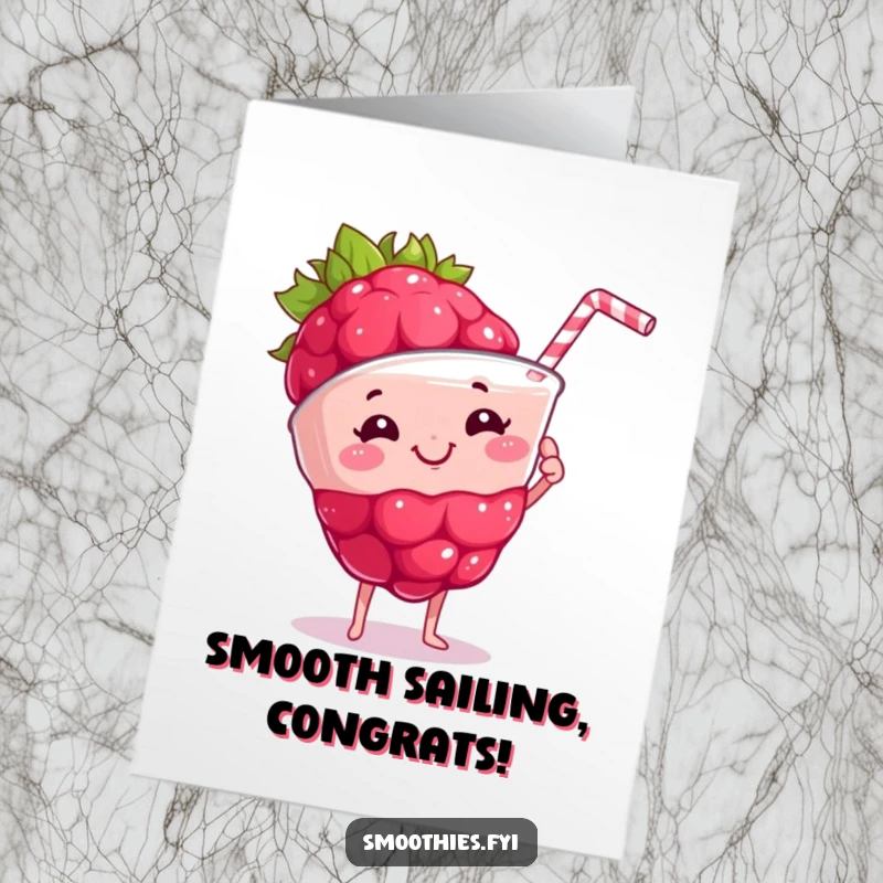 Funny Free Printable Congratulations Card showing a proud raspberry with a satisfied grin holding a frothy smoothie, celebrating victory.