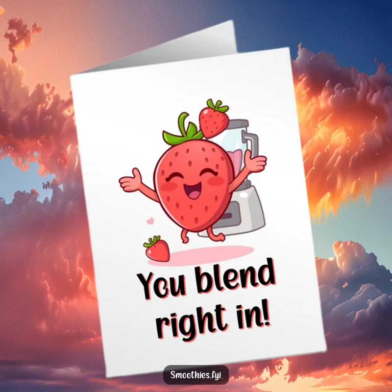 Funny Free Printable Congratulations Card showing a happy strawberry dancing energetically with a blender, perfect for celebrations.