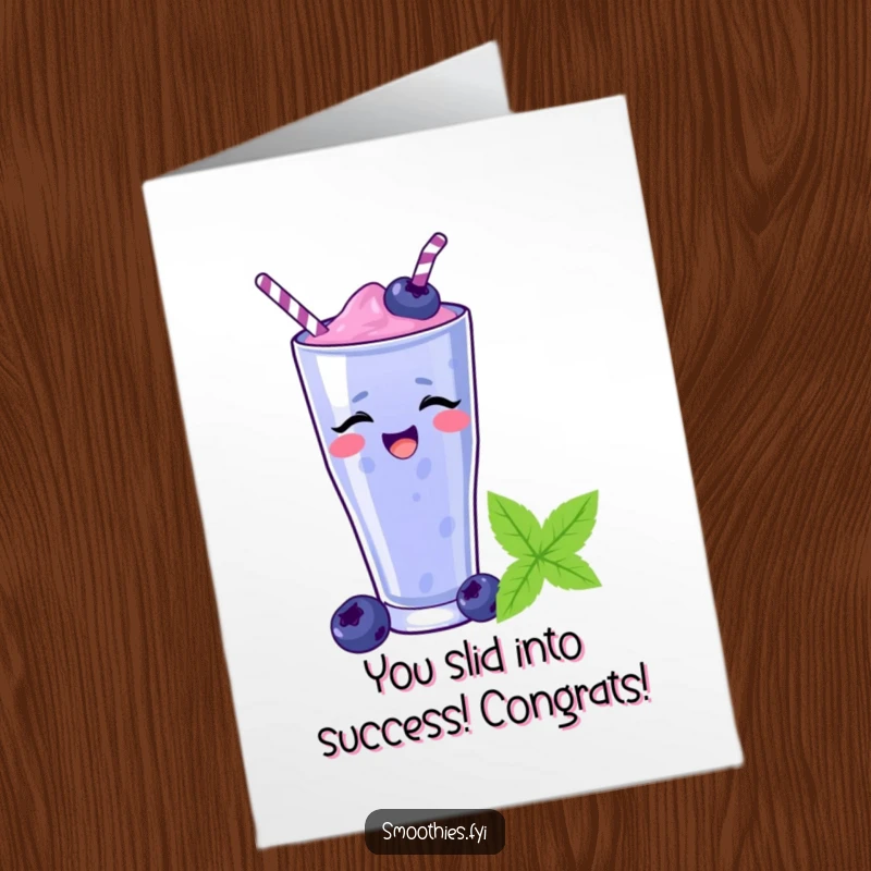 Funny Free Printable Congrats Card: A blueberry smoothie gleefully slides down a straw, celebrating a win.