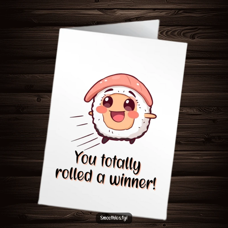 Funny Free Printable Congratulations Card: A smiling sushi slice zooms with speed lines, celebrating a victory with energetic humor.