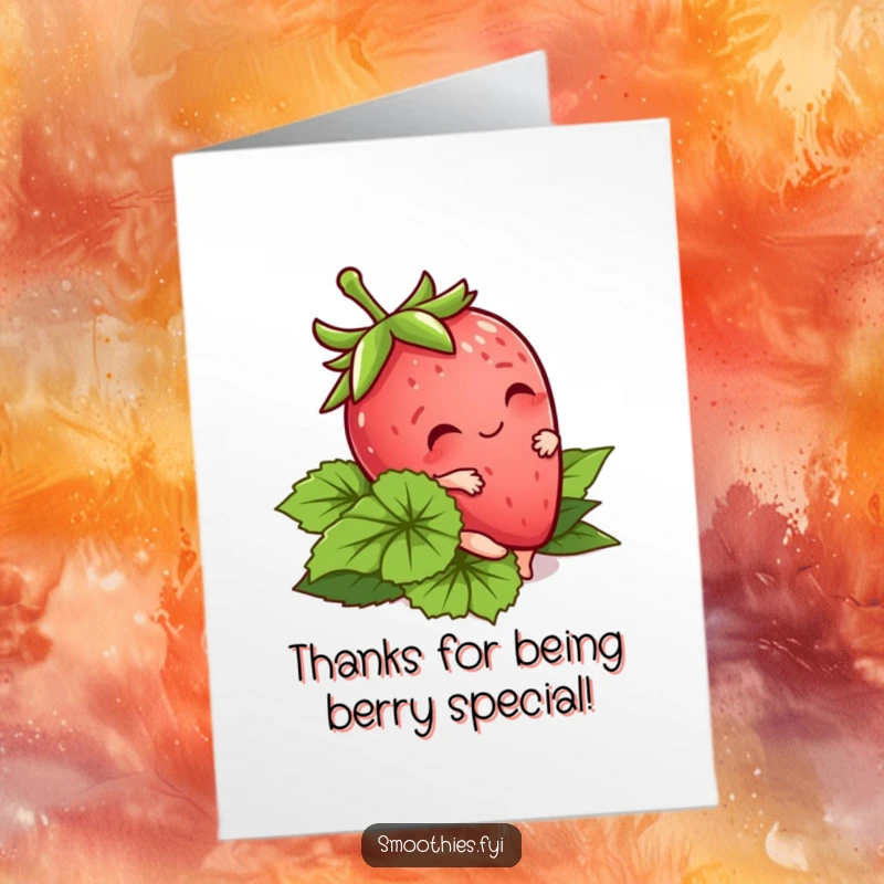 Funny Free Printable Thank You Card showcasing a kawaii strawberry character in a cute, playful tumble over its own leaves.