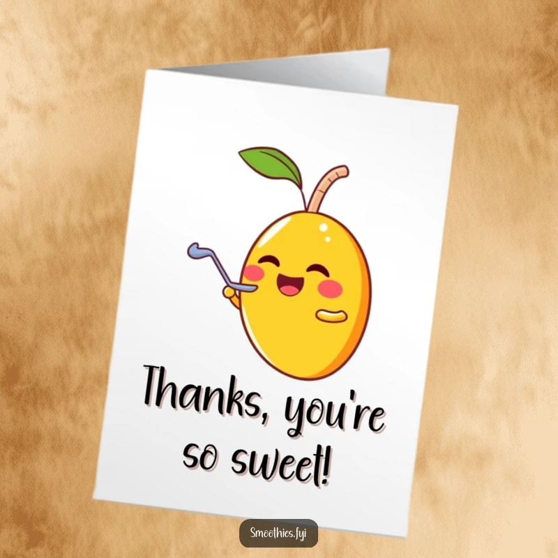 Funny Free Printable Thank You Card: A laughing mango character shares a smoothie bite.